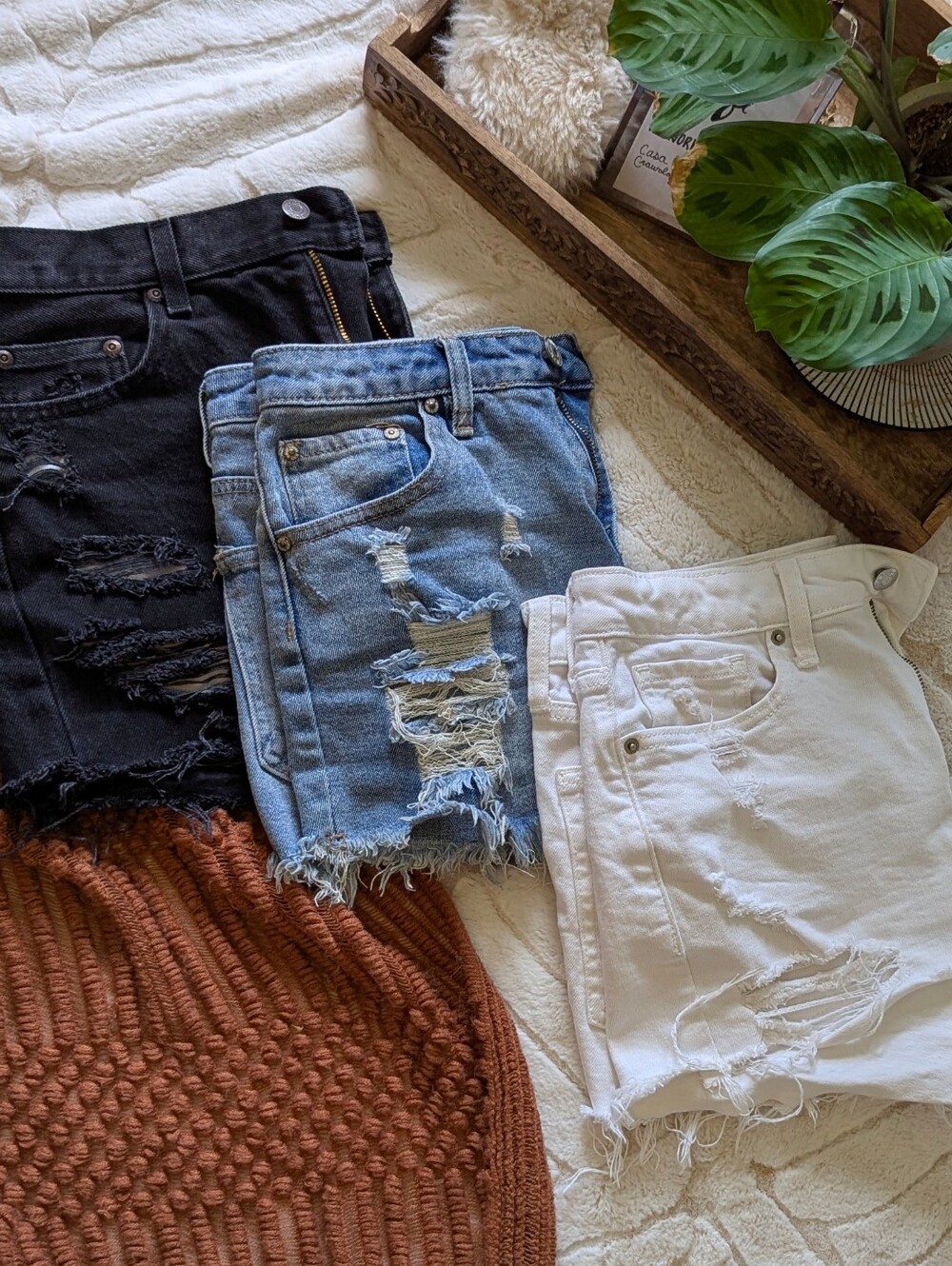 3 Piece Set: Festival Style High Rise Cut Off Distressed Denim Shorts